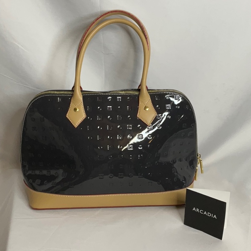 Arcadia Dome Satchel Luxurious Patent Leather Two-Tone Design Charcoal Gray& Tan